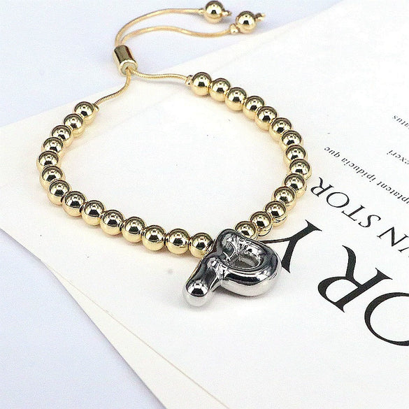 Wholesale Jewelry Gold Plated Beaded Balloon Initial Charm Adjustable Bracelet With Letters Numbers Text