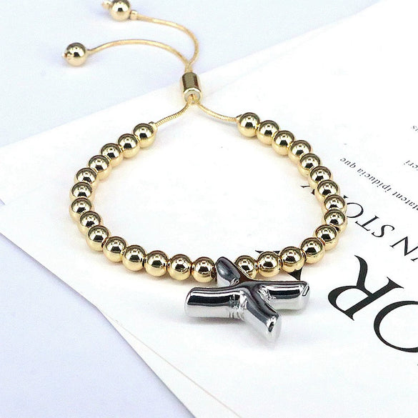 Wholesale Jewelry Gold Plated Beaded Balloon Initial Charm Adjustable Bracelet With Letters Numbers Text