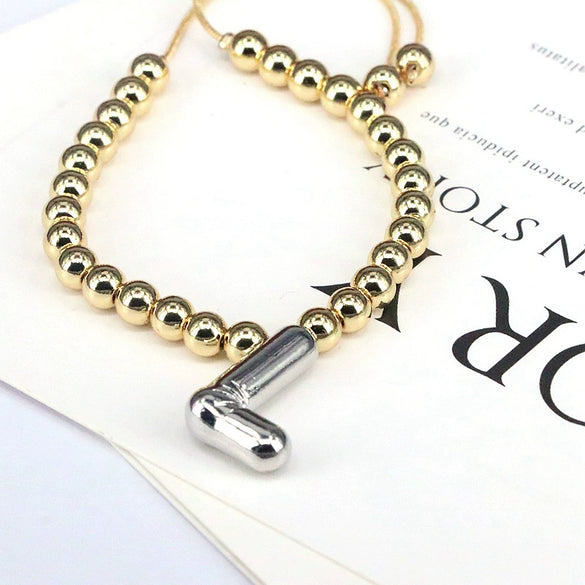 Wholesale Jewelry Gold Plated Beaded Balloon Initial Charm Adjustable Bracelet With Letters Numbers Text
