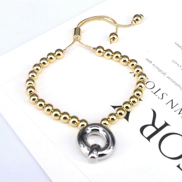Wholesale Jewelry Gold Plated Beaded Balloon Initial Charm Adjustable Bracelet With Letters Numbers Text