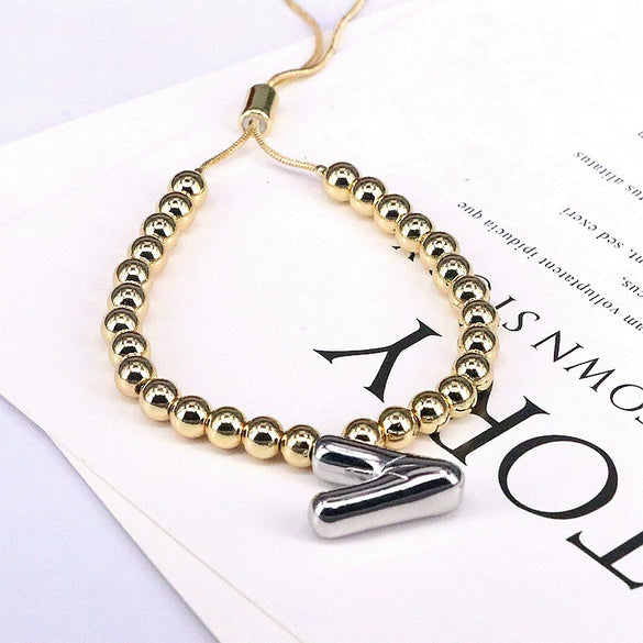 Wholesale Jewelry Gold Plated Beaded Balloon Initial Charm Adjustable Bracelet With Letters Numbers Text
