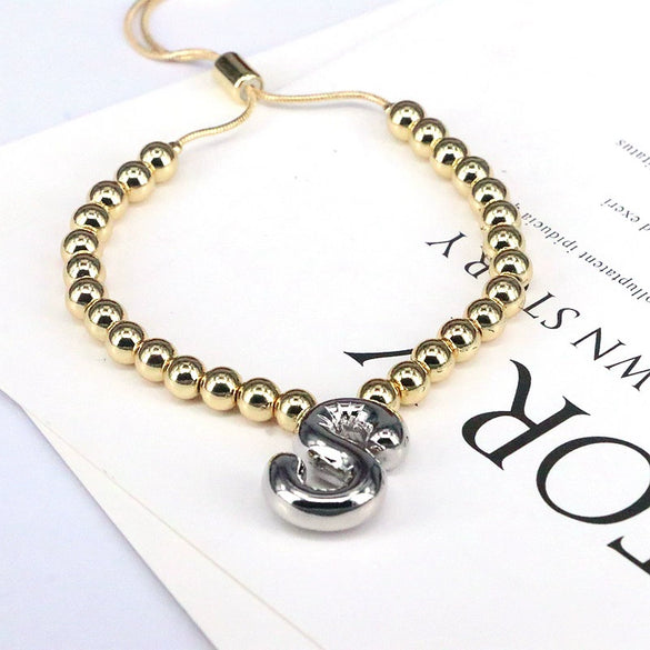 Wholesale Jewelry Gold Plated Beaded Balloon Initial Charm Adjustable Bracelet With Letters Numbers Text