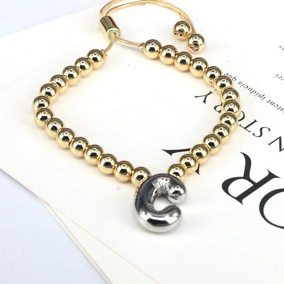 Wholesale Jewelry Gold Plated Beaded Balloon Initial Charm Adjustable Bracelet With Letters Numbers Text