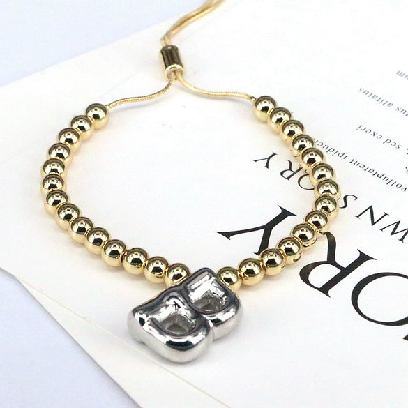 Wholesale Jewelry Gold Plated Beaded Balloon Initial Charm Adjustable Bracelet With Letters Numbers Text