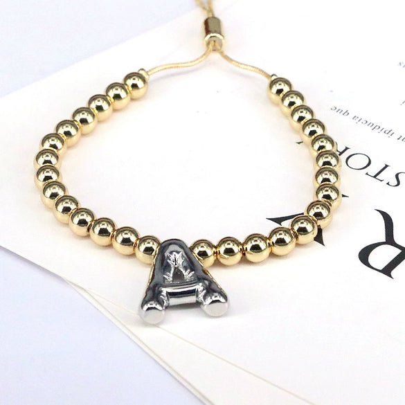 Wholesale Jewelry Gold Plated Beaded Balloon Initial Charm Adjustable Bracelet With Letters Numbers Text