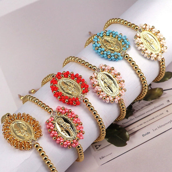 Wholesale Jewelry Gold Plated Copper Beads Wound Oval Geometric Style Beaded Bracelet