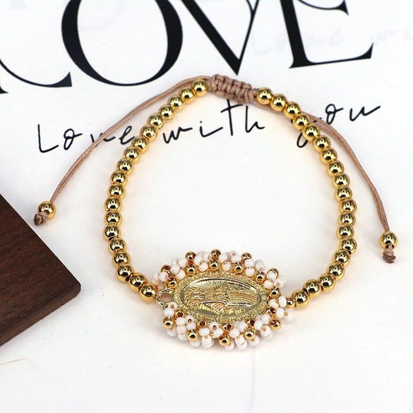 Wholesale Jewelry Gold Plated Copper Beads Wound Oval Geometric Style Beaded Bracelet