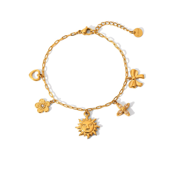 Wholesale Jewelry Goldplated Stainless Steel Heart Shape Geometric Bow Flower Cut Out Pendant Bracelet For Women