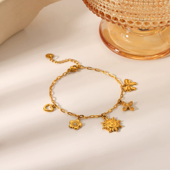 Wholesale Jewelry Goldplated Stainless Steel Heart Shape Geometric Bow Flower Cut Out Pendant Bracelet For Women