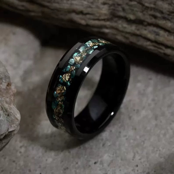 Wholesale Jewelry Green Coral Fragments Gold Foil Embellishment Stainless Steel Ring