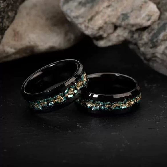 Wholesale Jewelry Green Coral Fragments Gold Foil Embellishment Stainless Steel Ring