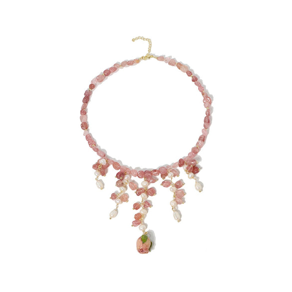 Wholesale Jewelry Handmade Geometric Copper 925 Silver Strawberry Crystal Pearl Clavicle Necklace For Women