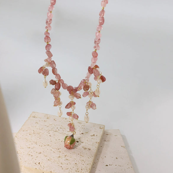 Wholesale Jewelry Handmade Geometric Copper 925 Silver Strawberry Crystal Pearl Clavicle Necklace For Women