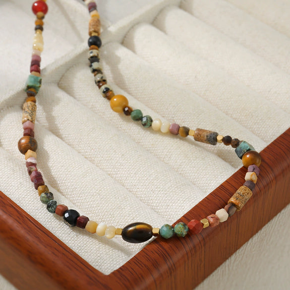 Wholesale Jewelry Handmade Geometric Vintage Style Spotted Stone Shell Eye Stone Stainless Steel Beaded Necklace For Women