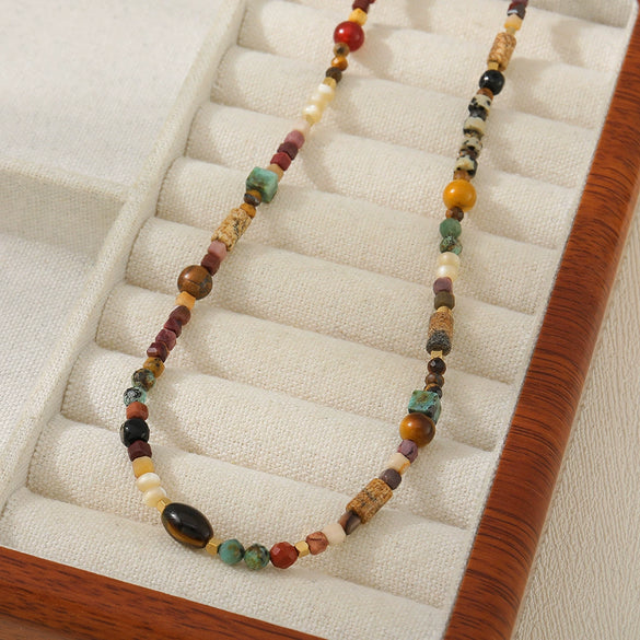 Wholesale Jewelry Handmade Geometric Vintage Style Spotted Stone Shell Eye Stone Stainless Steel Beaded Necklace For Women
