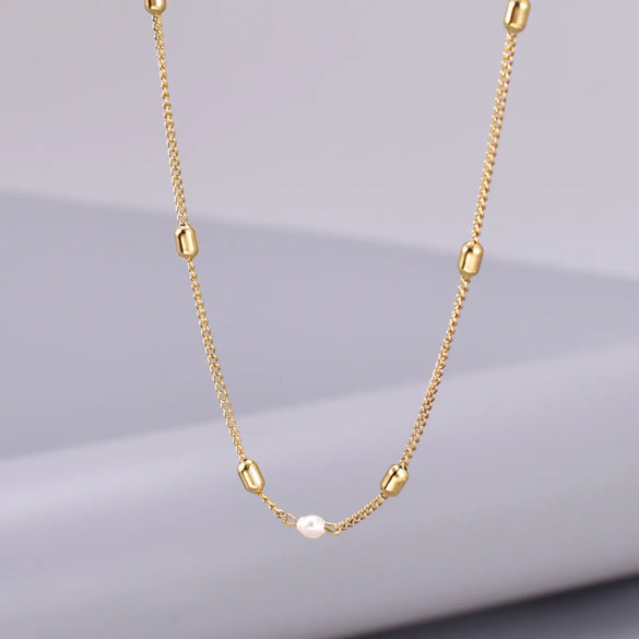 Wholesale Jewelry Handmade Pastoral Simple Style Geometric 304 Stainless Steel Titanium Steel Freshwater Pearl 18K Gold Plated Inlaid Shell Necklace
