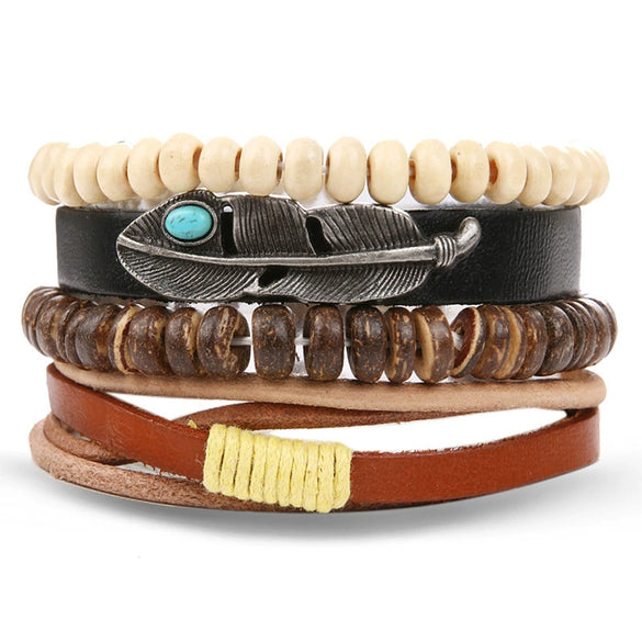 Wholesale Jewelry Handwoven Retro Feather Nameplate Artificial Leather Men's Bracelet