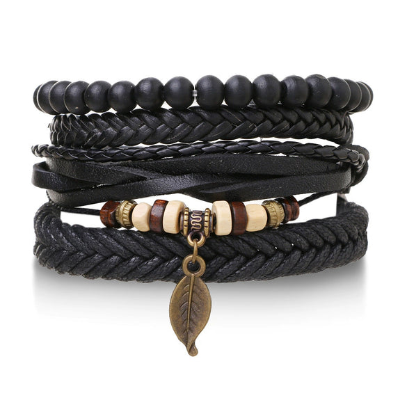 Wholesale Jewelry Handwoven Retro Feather Nameplate Artificial Leather Men's Bracelet