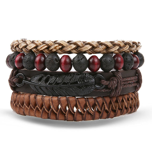 Wholesale Jewelry Handwoven Retro Feather Nameplate Artificial Leather Men's Bracelet