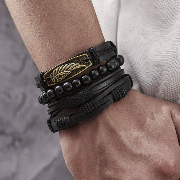 Wholesale Jewelry Handwoven Retro Feather Nameplate Artificial Leather Men's Bracelet