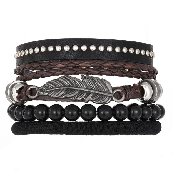 Wholesale Jewelry Handwoven Retro Feather Nameplate Artificial Leather Men's Bracelet