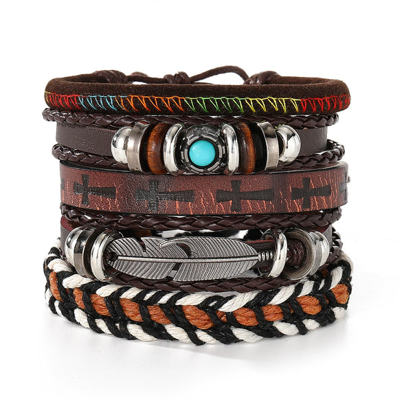 Wholesale Jewelry Handwoven Retro Feather Nameplate Artificial Leather Men's Bracelet