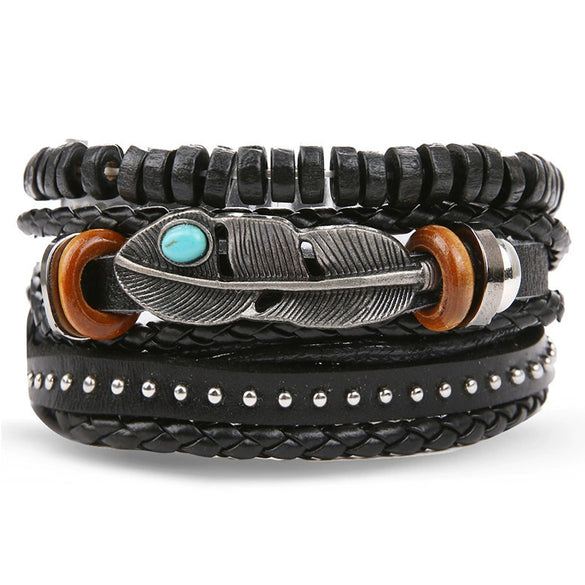 Wholesale Jewelry Handwoven Retro Feather Nameplate Artificial Leather Men's Bracelet