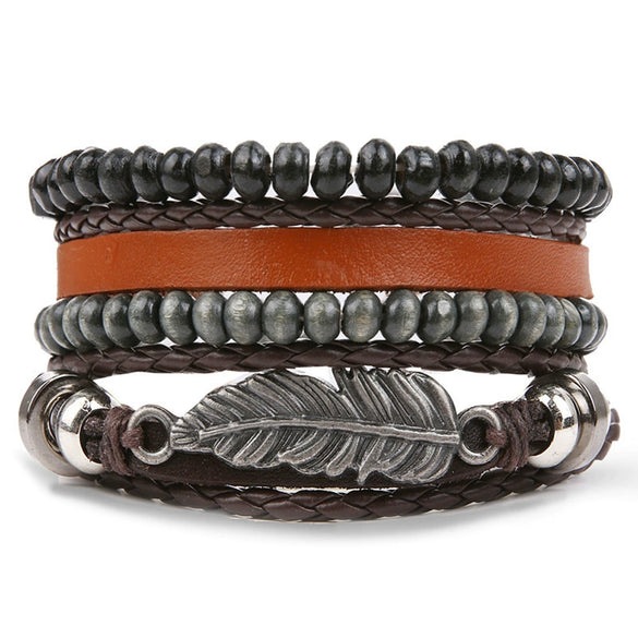 Wholesale Jewelry Handwoven Retro Feather Nameplate Artificial Leather Men's Bracelet