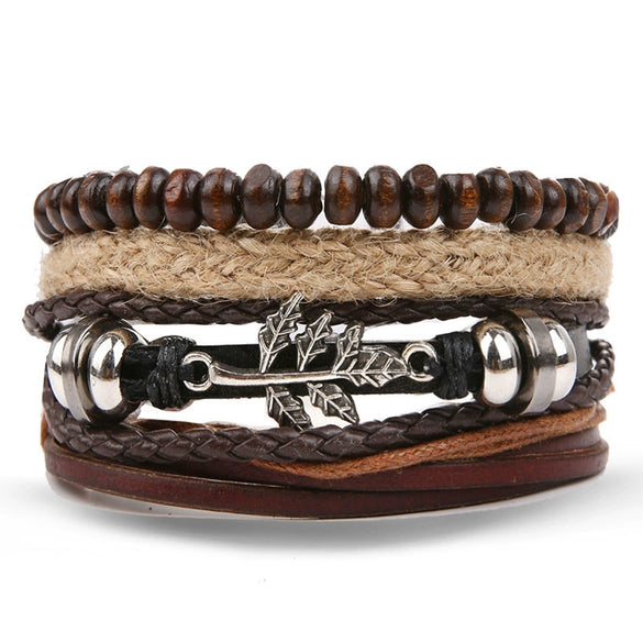 Wholesale Jewelry Handwoven Retro Feather Nameplate Artificial Leather Men's Bracelet