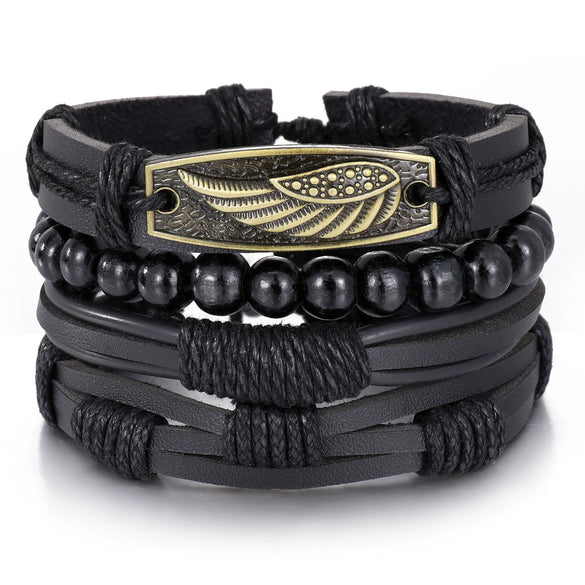 Wholesale Jewelry Handwoven Retro Feather Nameplate Artificial Leather Men's Bracelet
