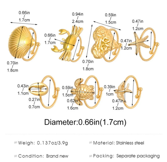 Wholesale Jewelry Hawaiian Beach Tropical Tortoise Starfish Shell 304 Stainless Steel Open Rings