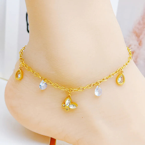Wholesale Jewelry Hawaiian Vacation Beach Butterfly Shell Stainless Steel Acrylic Pearl Zircon 18K Gold Plated Handmade Plating Anklet