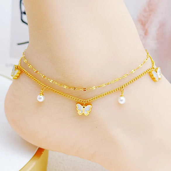 Wholesale Jewelry Hawaiian Vacation Beach Butterfly Shell Stainless Steel Acrylic Pearl Zircon 18K Gold Plated Handmade Plating Anklet