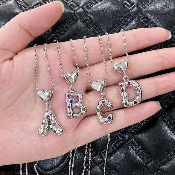 Wholesale Jewelry Heart English Letter Pendant Necklace Copper Inlaid Colorful Zircon Electroplated