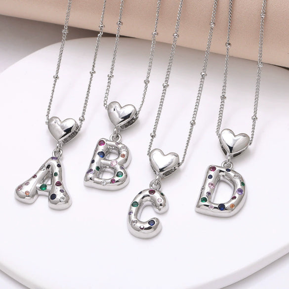 Wholesale Jewelry Heart English Letter Pendant Necklace Copper Inlaid Colorful Zircon Electroplated