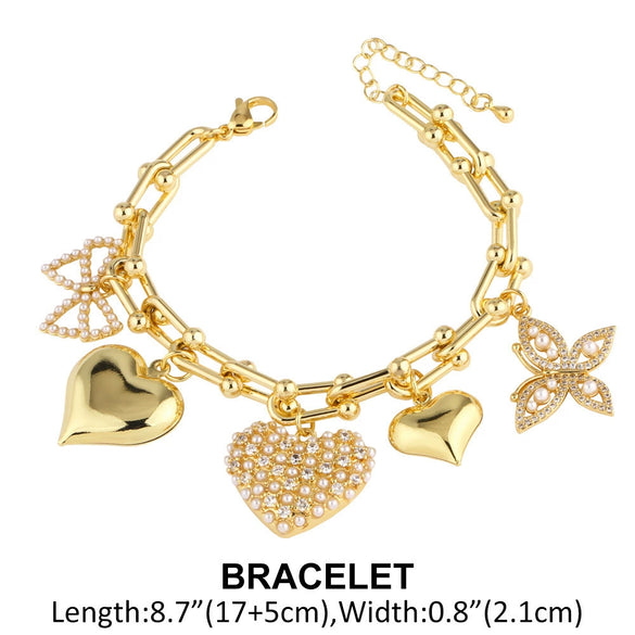 Wholesale Jewelry Heart Pearl Butterfly Pendant Copper Goldplated Necklace Bracelet Set For Women Geometric Minimalist Style