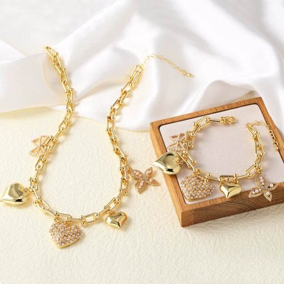 Wholesale Jewelry Heart Pearl Butterfly Pendant Copper Goldplated Necklace Bracelet Set For Women Geometric Minimalist Style