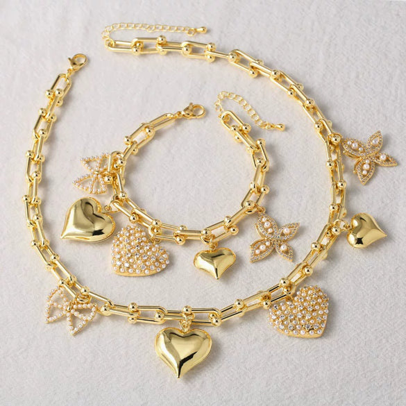 Wholesale Jewelry Heart Pearl Butterfly Pendant Copper Goldplated Necklace Bracelet Set For Women Geometric Minimalist Style