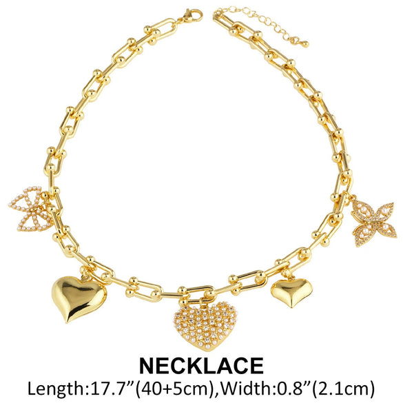 Wholesale Jewelry Heart Pearl Butterfly Pendant Copper Goldplated Necklace Bracelet Set For Women Geometric Minimalist Style