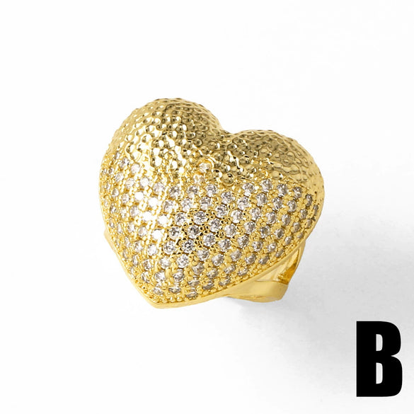 Wholesale Jewelry Heart Shaped Copper Ring Plated Real Gold With Zircon And Geometric Pattern