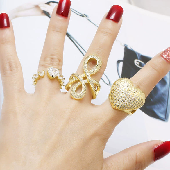 Wholesale Jewelry Heart Shaped Copper Ring Plated Real Gold With Zircon And Geometric Pattern
