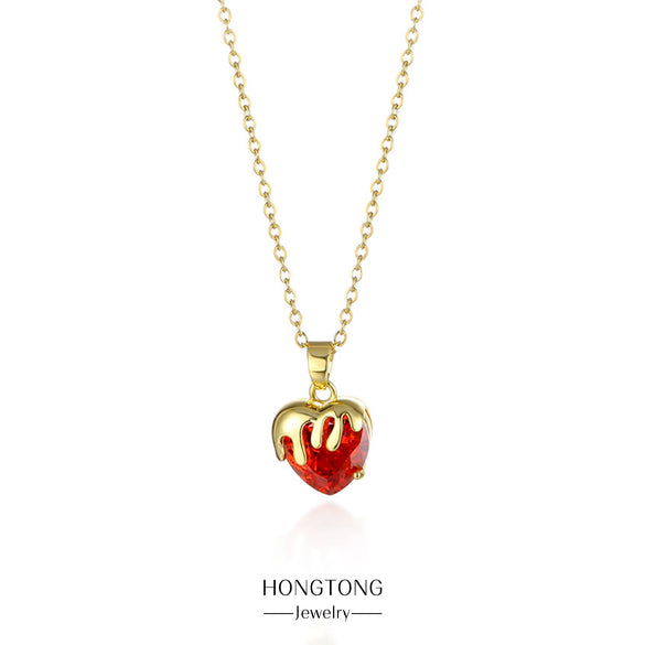 Wholesale Jewelry Heart Shaped Stainless Steel Crystal Clavicle Chain With Zircon And Fruit Food Style Electroplated