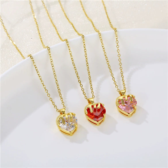 Wholesale Jewelry Heart Shaped Stainless Steel Crystal Clavicle Chain With Zircon And Fruit Food Style Electroplated