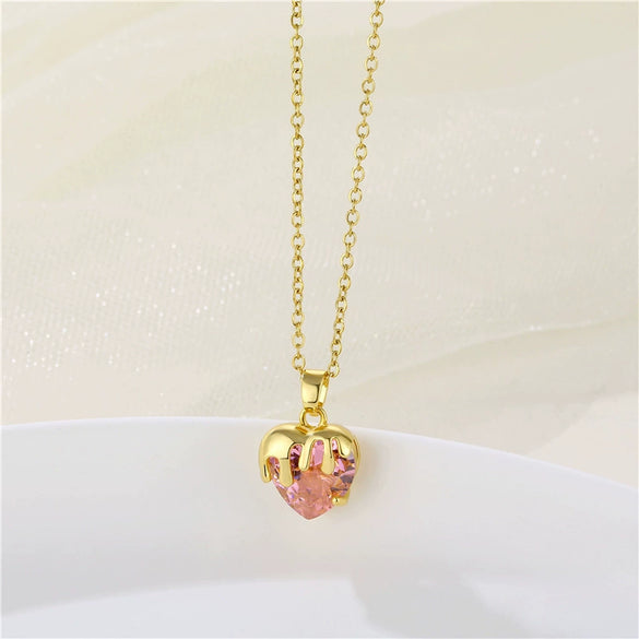 Wholesale Jewelry Heart Shaped Stainless Steel Crystal Clavicle Chain With Zircon And Fruit Food Style Electroplated