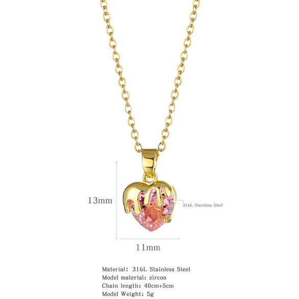 Wholesale Jewelry Heart Shaped Stainless Steel Crystal Clavicle Chain With Zircon And Fruit Food Style Electroplated