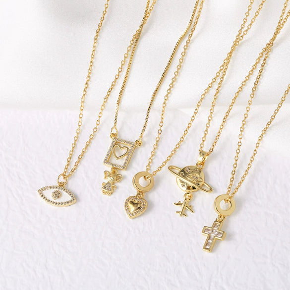 Wholesale Jewelry Heartshaped Copper Geometric Airplane Pendant Necklace With Electroplating