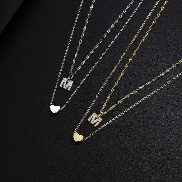 Wholesale Jewelry Heartshaped Letter Doublelayer Sterling Silver Necklace Women's Fashion Allmatch Collarbone Chain