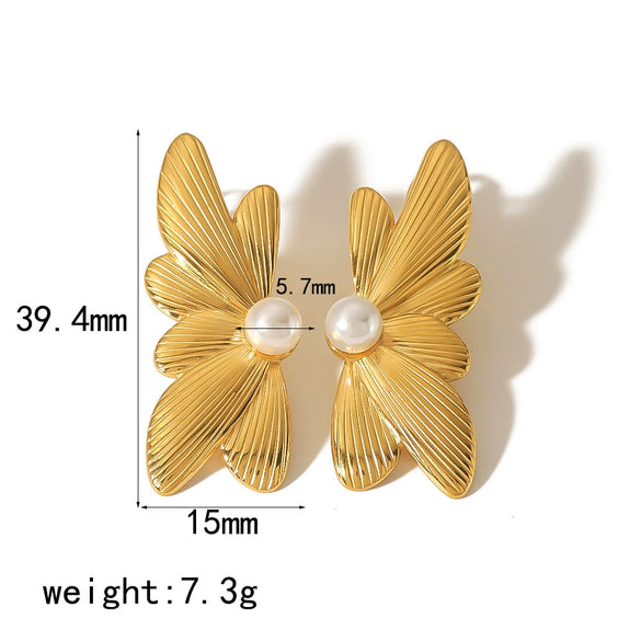 Wholesale Jewelry High Sense Niche Exaggerated Pearl Stainless Steel Geometric Butterfly Wings Electroplated Earrings For Ladies