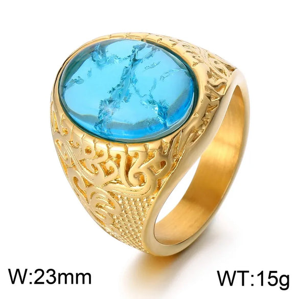 Wholesale Jewelry Hip-Hop Oval 304 Stainless Steel Natural Stone 18K Gold Plated Inlay Rings