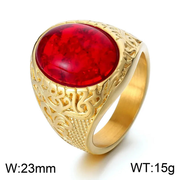 Wholesale Jewelry Hip-Hop Oval 304 Stainless Steel Natural Stone 18K Gold Plated Inlay Rings